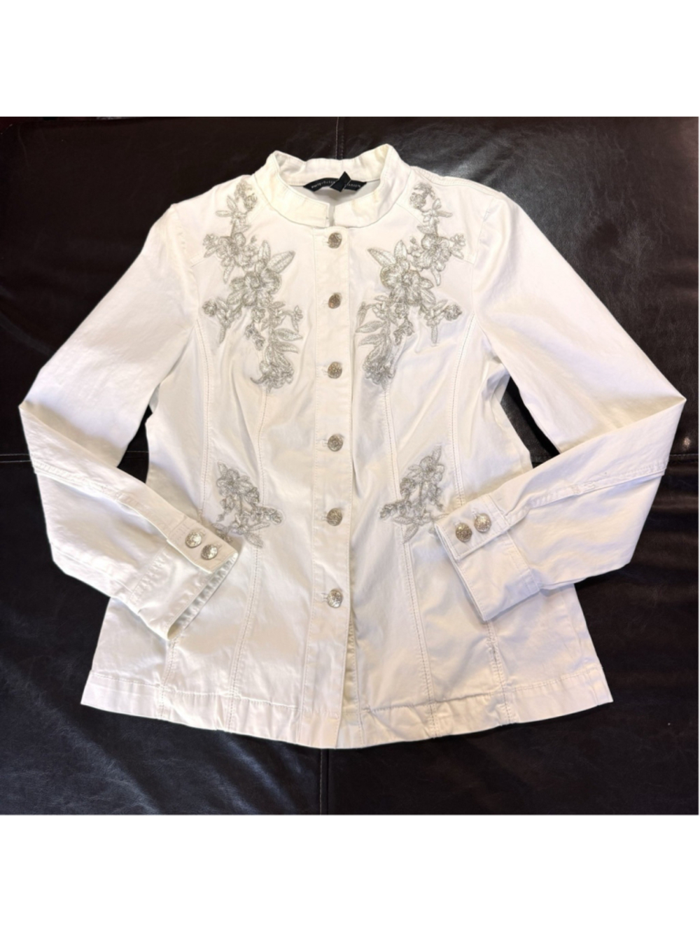 White House Black Market Embroidered Field Jacket Size:10P White Long Sleeve